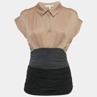 Paule Ka Beige/black Satin And Jersey Ruche Top
