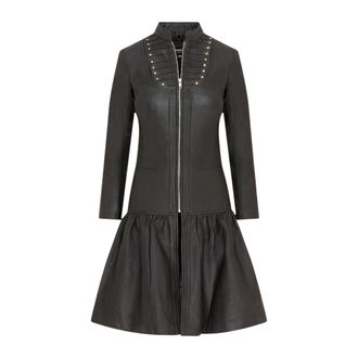 Infinity Leather Dames goth zwart leren Victoriaanse studde flare jas - ribet