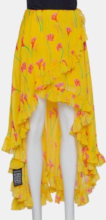 Caroline Constas Yellow Printed Silk Ruffled Asymmetric Hem Adelle Midi Skirt
