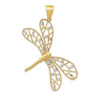 Diamond2Deal 14k Yellow Gold and White Rhodium Diamond-cut Filigree Dragonfly Pendant