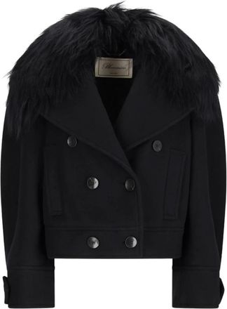 Blumarine Dubbele rij knopen jas met imitatiebontkraag - Dames - Mantel - Zwart - XS - Wol - Jassen