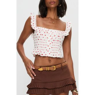 Princess Polly Isadoria Polka Dot Ruffle Trim Crop Tank in White /Red Polka at Nordstrom, Size 10