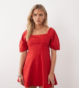 Asos Petite ASOS DESIGN Petite - Vestito corto in rasatello di cotone rosso con scollo squadrato e fascette sul retro