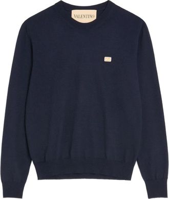 Valentino Garavani Wool Jumper met VLogo Patch - Heren - Ronde hals truien - Blauw - L - Wol - Truien & Vesten