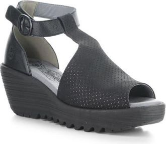 FLY London Lemo Ankle Strap Platform Wedge Sandal in Black at Nordstrom, Size 10-10.5Us