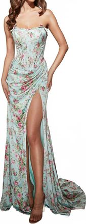 Alyce Paris Floral Mermaid Gown With High Slit In Tiffany