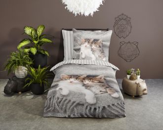 PURE luxury collection Kinderbettwäsche »Snooze« 2 Stk. tlg. Mikrofaser, 135x200, Pflegeleicht, Reissverschluss, Wende, Kind, Katze