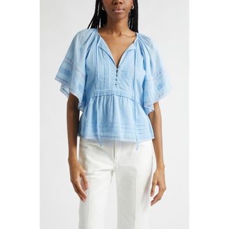 Ramy Brook Sherry Pintuck & Lace Detail Cotton Top in Bazaar Blue at Nordstrom, Size Xx-Small