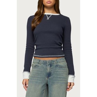 Edikted Rora Contrast Trim Cotton Blend Waffle Top in Navy at Nordstrom, Size X-Small