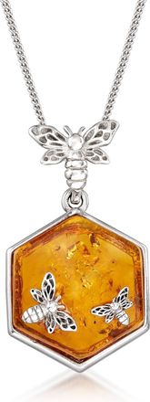 Ross-Simons Amber Honeycomb and Bumblebee Pendant Necklace in Sterling Silver