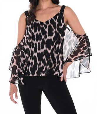 Frank Lyman Design Animal Print Cold Shoulder Top In Black/blush