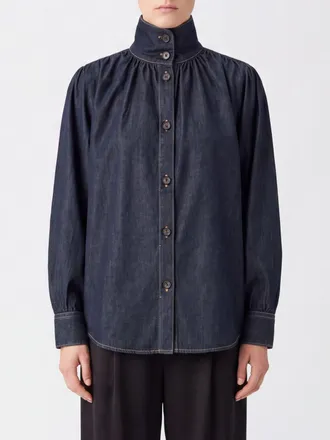 Iro Coming Cotton Denim Shirt with High Neck and Long Sleeves