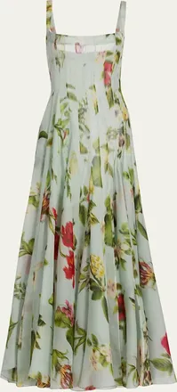 Oscar De La Renta Sleeveless Chine Hibiscus Silk Gazar Trumpet Gown