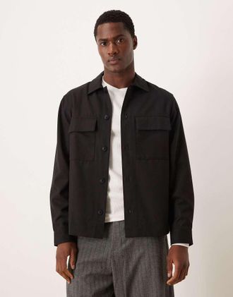 Mango Camicia giacca in misto lana nera-Nero