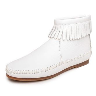 Minnetonka Womens Back-Zipper Bootie, White Leather, 9.5