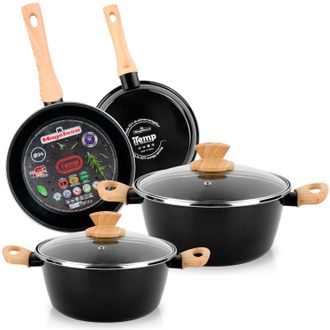 Magefesa Magefesa Orbe Bater&iacute;a Cocina Inducci&oacute;n 6 Piezas, Antiadherente Libre Pfoa, Exterior Negro Asas Efecto Madera Negro