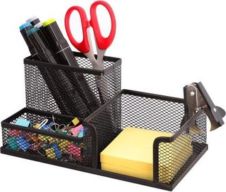 OEM Organizador De Escritorio De Malla Con 3 Compartimentos - Portal&aacute;pices Y Bol&iacute;grafos Para Accesorios De Oficina - Negro