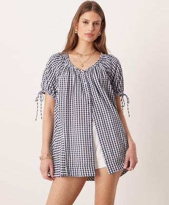 Free People Farley - Vestito tunica color blu navy combinato a quadretti