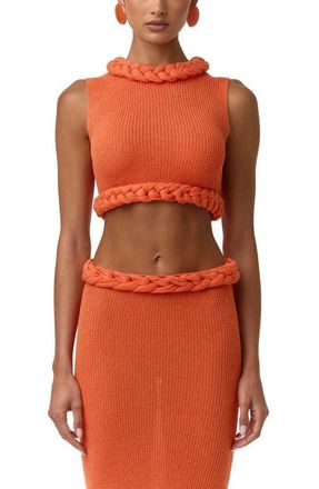 Naked Wardrobe Rib Knit Braid Trim Crop Top in Peach Sorbet at Nordstrom, Size X-Large