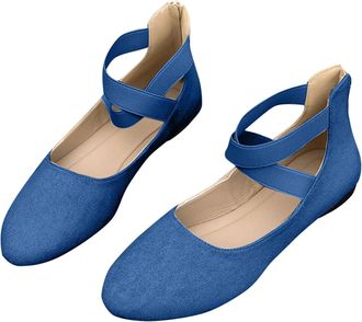 Generic Womens Ballet Shoes with Elastic Ankle Straps Casual Stylish Pumps Solid Color Comfortable Breathable Classic Flat Shoes Work Party Blue