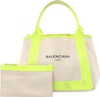 Balenciaga White Yellow Canvas Leather Handbag Pouch Tote Bag (Pre-Owned)