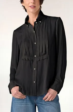 Liverpool L.A. Tuxedo Pleated Button Front Shirt in Black at Nordstrom, Size X-Large