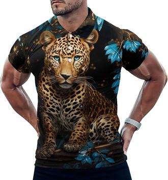 Generic Golden Leopard Polo Shirt for Men Short Sleeve Collared Golf T Shirt Slim Fit Tee Tops XL