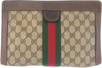 Gucci Pre-owned Vintage GG Supreme Canvas Leather Clutch - Dames - Vintage Clutch - Bruin - ONE Size - Leer - Vintage
