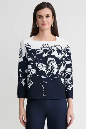 Ming Wang Floral Print Stretch Deco Crepe Blouse in Indigo/white at Nordstrom, Size Xx-Small