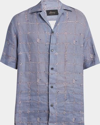 Brioni Mens Nautical Linen Camp Shirt