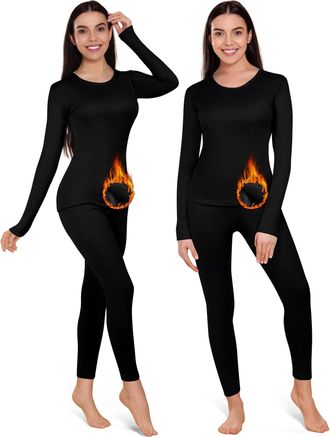 Patelai 2 Set Thermal Underwear Warm Fleece Lined Thermal Leggings and Womens Thermal Tops Base Layer for Winter Cold Weather, Black, S