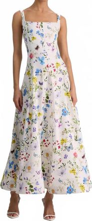 Alice & Olivia Polly Flared Midi Dress In Twisting Vines Off White