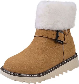 Generic Women Boots Size 3 Buckle Boots With Side Zipper and Fleece Lined Cotton Fur Lined Snow Boots Women (Brown, 6.5)