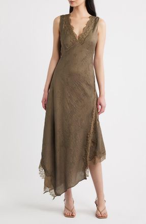 Moon River Lace Trim Asymmetrical Hem Dress in Dark Olive at Nordstrom, Size X-Large
