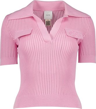Patou Geribbelde T-shirt met V-hals - Dames - Polos - Roze - L - Katoen - Tops