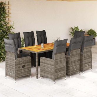 vidaXL Mesita Y Sillas Jard&iacute;n 9 Piezas Y Cojines Rat&aacute;n Sint&eacute;tico Gris Vidaxl