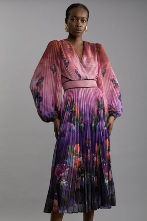 Karen Millen Ombre Floral Soft Pleated Long Sleeve Maxi Dress