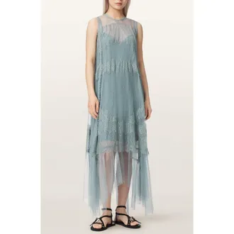 AllSaints Clara Sheer Lace Sleeveless Handkerchief Hem Dress in Dusty Blue at Nordstrom, Size 10