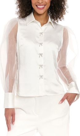 Muse Rhinestone Bow Organza Sleeve Satin Shirt in Ivy/White at Nordstrom Rack, Size 10