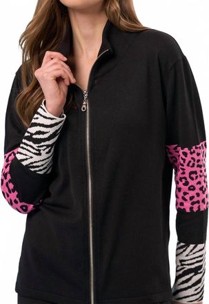 French Kyss Animal Print Sleeve Zip Up Jacket In Black/multi
