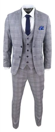Marc Darcy Mens 3 Piece Suit Grey Prince of Wales Blue Check Vintage Retro - Grey 46