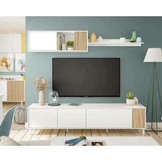 Dmora Dmora - Mueble TV Woonsocket, Mueble salón con puertas, Mueble colgante con balda, Aparador multiusos, 200x40h47 cm, Blanco y Roble