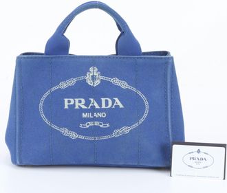 Prada Blue Leather Canvas Handbag Shoulder Bag Tote Bag (Pre-Owned)