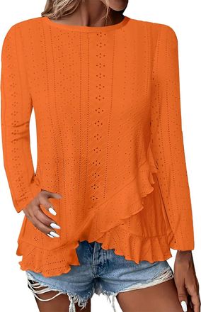Generic Summer Elegant Eyelet Blouse Shirt 2025 Blouses for Women Casual Crew Neck Eyelet Tops Long Sleeve Shirts Tunics with Curved (Orange, S)