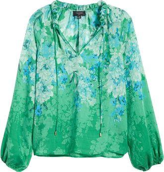 Tahari by ASL Floral Ruffle Balloon Sleeve Chiffon Top in Green Blue at Nordstrom, Size X-Small
