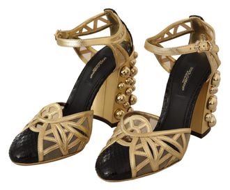 Dolce & Gabbana Black Gold Leather Studded Ankle Straps Womens Shoes