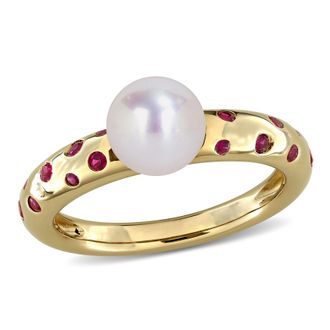 Mimi & Max 7-7.5mm Cultured Freshwater Pearl and 1/3ct TGW Created Ruby Ring in 14k Yellow Gold