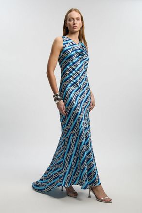 Karen Millen Womens Chain Print Hammered Satin Cowl Neck Dress - Multicolour - Size 10 UK