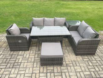 Fimous 7 Seater Garden Rattan Furniture Dining Table Sofa Set Indoor Outdoor with Reclining Chairs Big Footstool Side Table Dark Grey Mixed