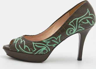 Versace Olive Brown Embroidered Leather Peep Toe Platform Pumps